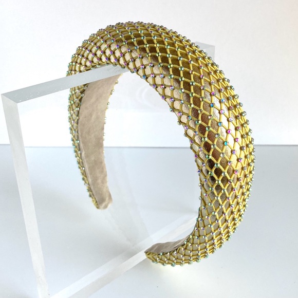 Gold Padded 1.5” Headband with Rhinestone-Adorned Mesh Overlay Handmade - Picture 5 of 10